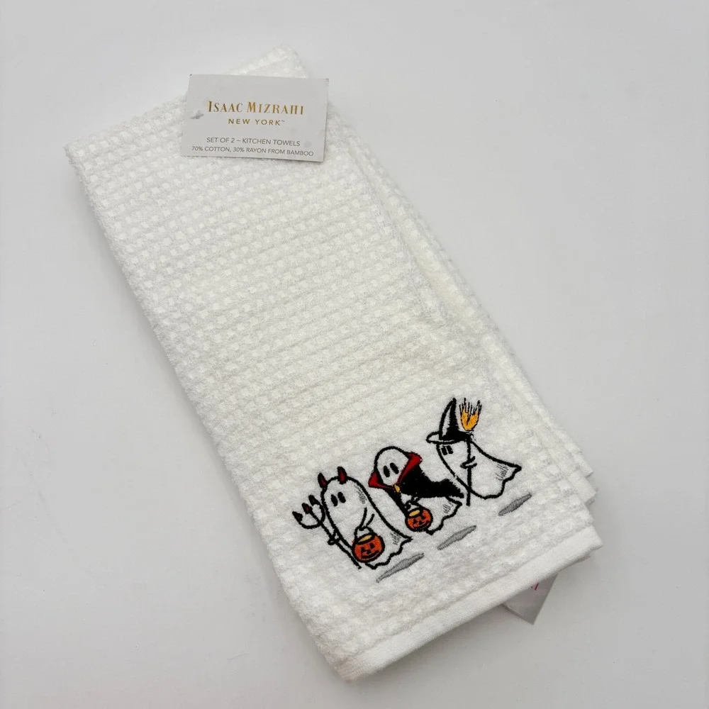 Isaac Mizrahi Halloween Kitchen Towels Set 2 Ghost Devil Witch‎ Embroidered